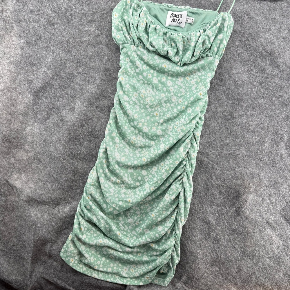 Princess Polly Mini Dress Women 0 Green Floral Ruched Mesh Ruffle Bodycon Summer